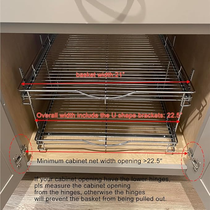 DINDON Pull Out Cabinet Organizer (22-1/2" W x 21-1/2"D), Cabinet Pull Out Shelves, 2 Tier Pull Out Drawers for Kitchen Cabinets, Wire Basket Slide Out Shelf, Pot and Pan Organizer