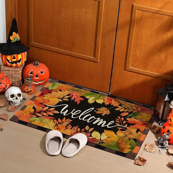 Fall Welcome Doormat 30x17 Inch Fall Leaves Front Door Mat Indoor Outdoor Entrance Floor Mats Non-Slip Washable Seasonal Autumn Thanksgiving Home Decor Rugs