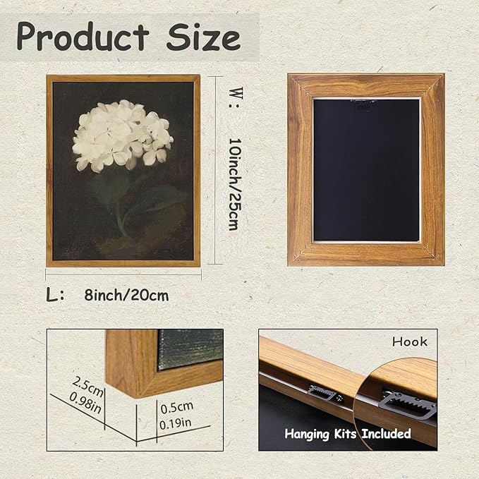 KBKBART Framed Wall Art Vintage Wall Art Room Decor, White Hydrangea Still Life Flower Canvas Oil Painting Prints, Classical Floral Wall Decor, Bedroom Bathroom Pictures Artwork(8“x10