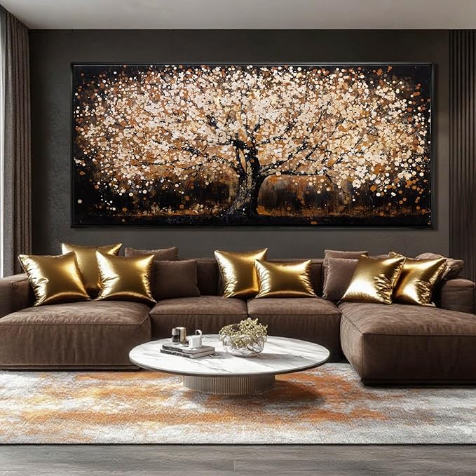 Gold Tree Art Landscape Canvas Wall Art Neutral Art Prints for Dining Room Black Pictures Wall Decor for Living Room Home Hotel Hanging Artwork 32"x 70"