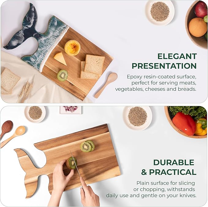 Acacia Wood Cutting Board with Ocean Resin Art, 14.9โx7.9โ, Includes Stand & Loofah, Handcrafted Charcuterie Cheese Board & Serving Platter, Great for Dรฉcor, Housewarming, Weddings (Whale Tail)