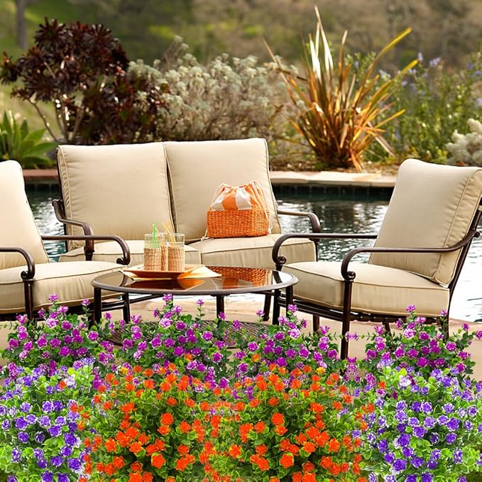10 Bundles Artificial Fake Flowers, Faux Outdoor Plastic Plants UV Resistant Shrubs Outside Indoor Decorations (Orange-Eucalyptus)
