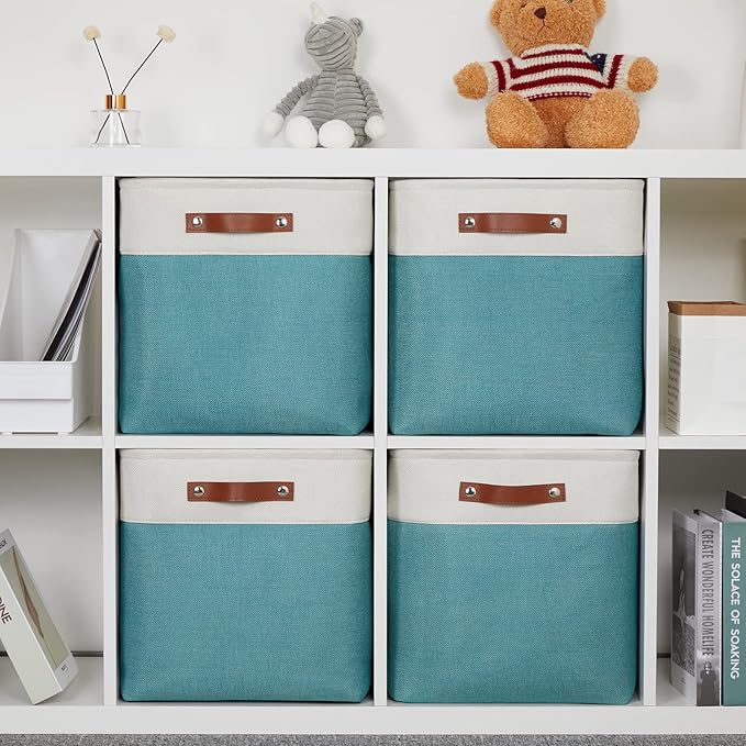 DULLEMELO Storage Bins for Organizing,Closet Storage Baskets for Gift Empty,Large Linen Canvas Storage Bins with Handles for Home Office Toys Shelves(White&Teal, 13 inch Cube)