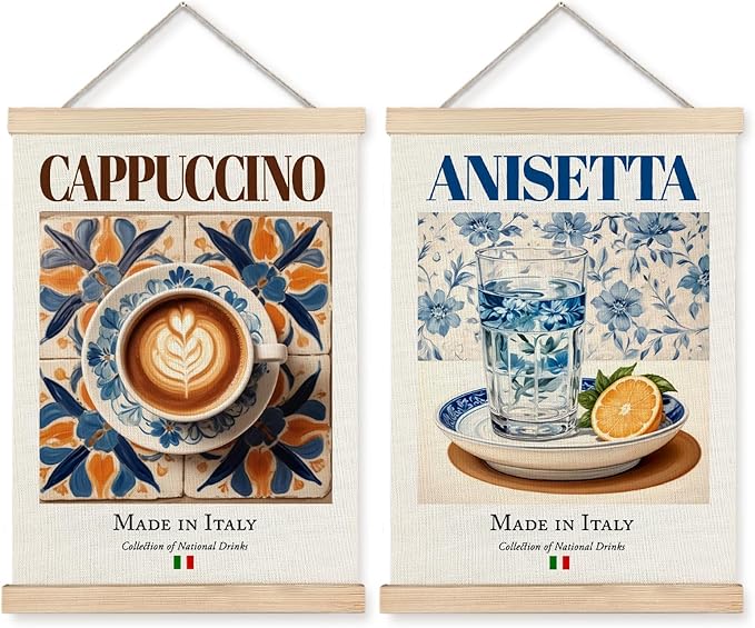Yomisex Italy Cappuccino Anisetta Wall Art Poster, Traditional Italian Drinks on Maiolica Tiles Canvas Prints Wall Art Framed for Kitchen Coffee and Wine Bar Decor, 12x16 Inch Set of 2