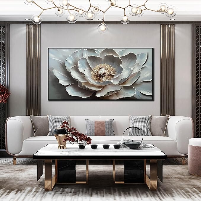 White Flower Wall Art for Bedroom Teenage Girl - Modern Hand Painted Home Wall Decor for Living Room - Large Black Framed Wall Art Size 29" x 59"