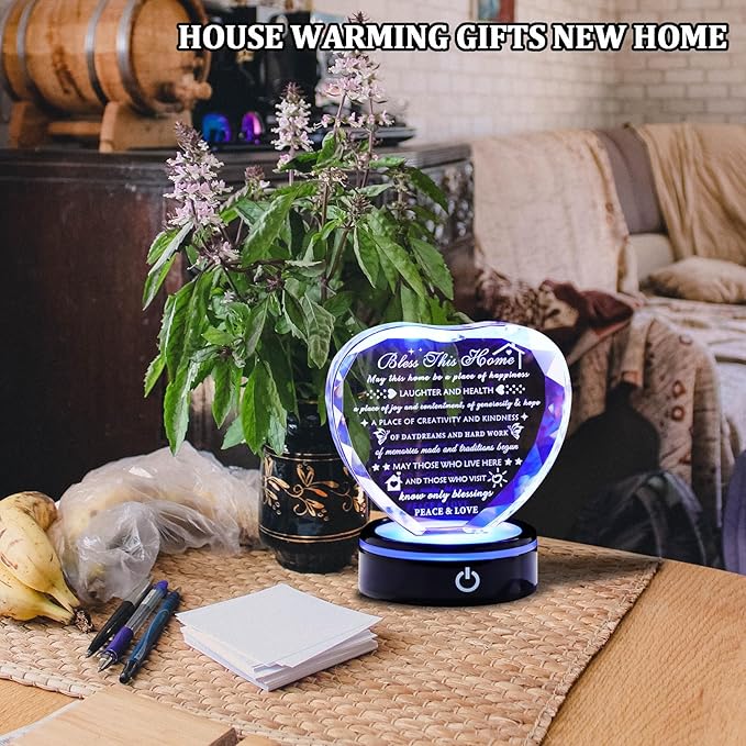 YWHL House Warming Gifts New Home Housewarming Gifts for Women Men Crystal Heart Keepsake with LED Base Home Warming Gift Couple Presents House Blessing Warming Gift New Apartment