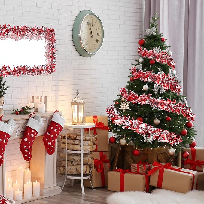 Dingion 59 Feet Christmas Tinsel Garland Metallic Twist Ornaments Hanging Glitter Xmas Garland for Christmas Tree Indoor Outdoor Decoration Party Supplies