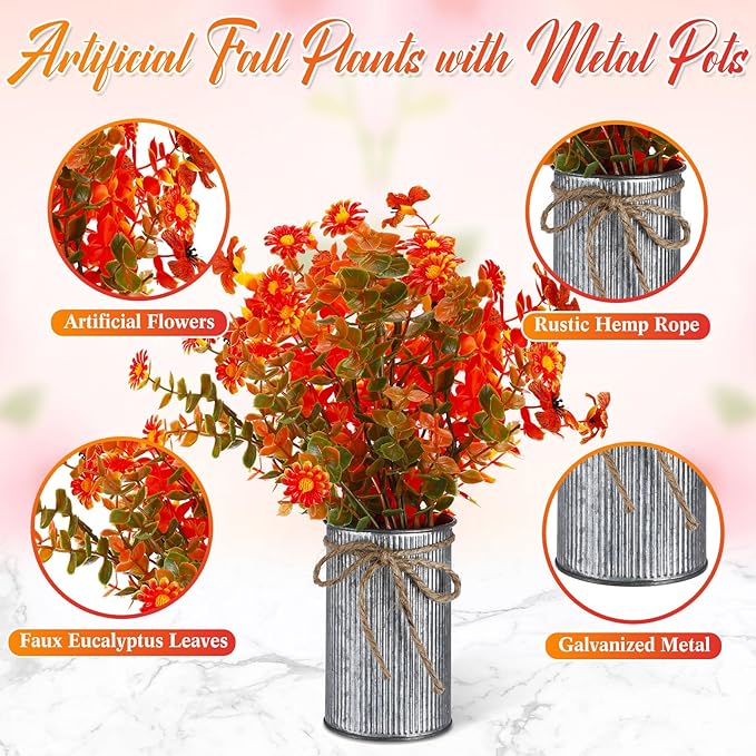 Zeyune 3 Sets Fall Thanksgiving Table Centerpiece Decoration Harvest Artificial Flower Stems Faux Fall Arrangement with Metal Pot for Autumn Rustic Farmhouse Home Kitchen Dining Indoor Decoration