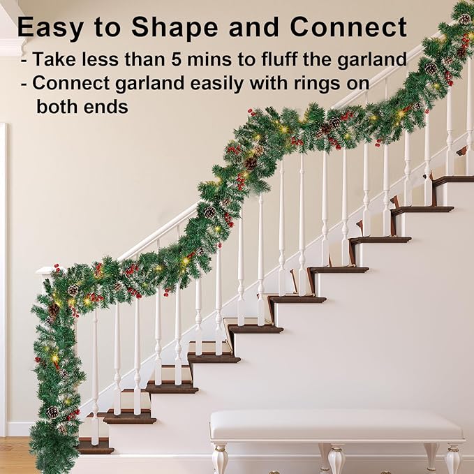 10FT Christmas Garland with 50 LED Lights - Pre-lit Outdoor Xmas Garland - Battery Powered Waterproof String Light with Timer - Pine Garland with Red Berries Snow Pine Cones - 10 Foot by 10 Inch