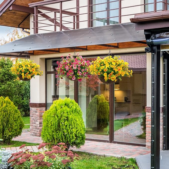 Artificial Faux Hanging Plants Flowers Basket for Spring, Red Daisy Flowers Eucalyptus UV Resistant Look Real for Outdoor Outside Porch Decoration