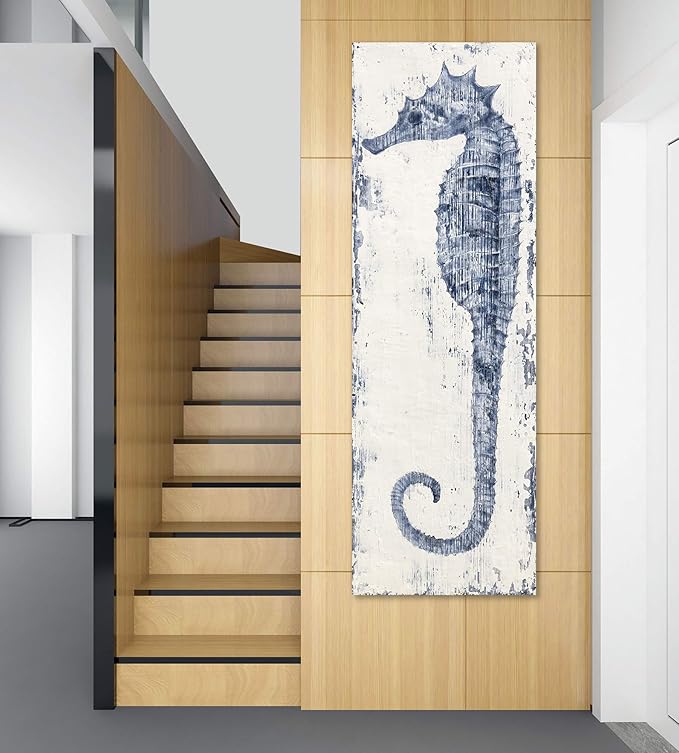Yihui Arts, Seahorse Hand-Painted Wall Art on Canvas Abstract Artwork Art Wood Stretched Hanging Wall Decoration Sea Style Blue Painting for Home Decor