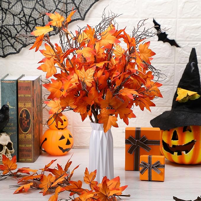 12 Pcs 19.7 Inch Artificial Fall Flowers Burnt Orange Fake Maple Leaf Floral Stems Autumn Floral Picks Thanksgiving Harvest Centerpieces Decorations for Home Indoor Vase Arrangement Decor