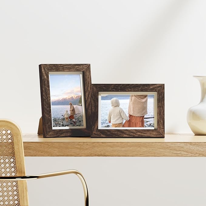 Vittanly 4x6 Picture Frames Set of 9, Shatter Resistant Plexiglass, Display 3.5x5 Pictures with Mat or 4x6 without Mat, Photo Frames for Wall or Tabletop, Engineered Wood, Brown