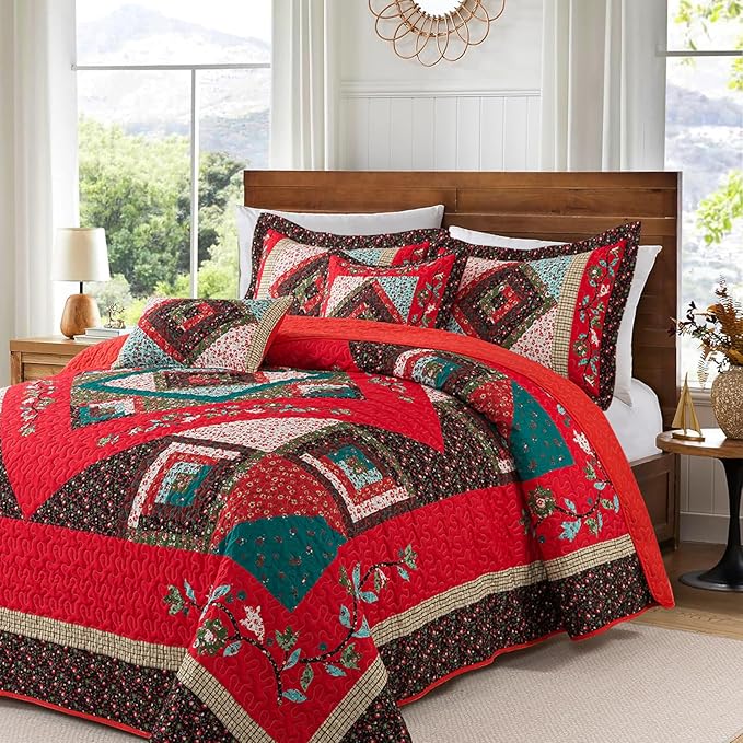 VAPUTAR Queen Quilt Bedding Set, Cotton Christmas Quilts Bedding Sets Lightweight Coverlet with 2 Shams(90"X98"), Queen Quilts Set for All Season, Farmhouse Style Bedspread