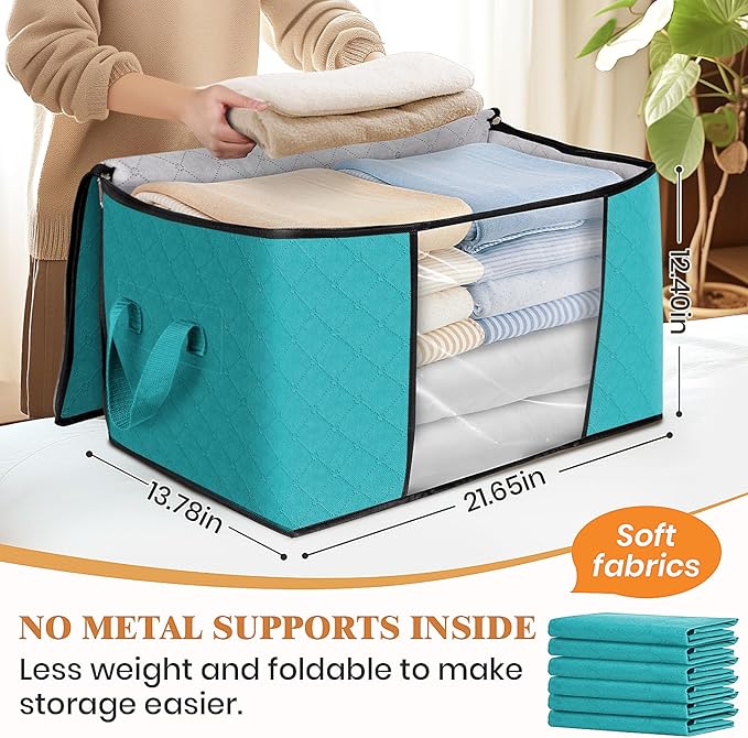 Fab totes 6 Pack Clothes Storage, Foldable Thick Fabric Blanket Storage Bags, Containers for Organizing Bedroom, Closet, Clothing, Comforter,Closet Organization with Handle,Green