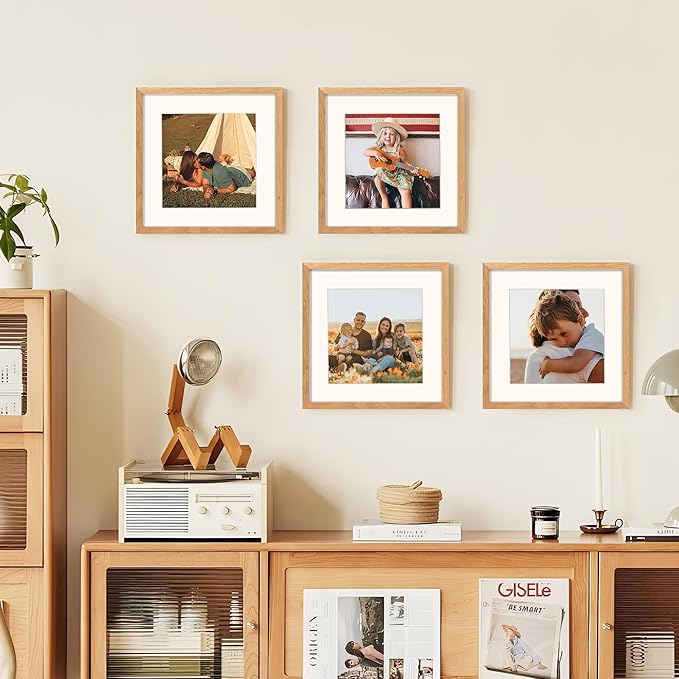 Fun Memories 12x12 Picture Frames Set of 3, Natural Oak Wood Frame With Mat for 10 x 10, Square With Tempered Real Glass, Gallery Wall Set