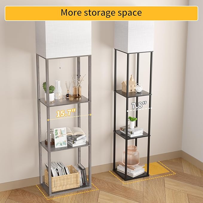Dott Arts Floor Lamp with Shelves, Wide Floor Lamps for Living Room Display Shelf Lamps with 3 Color LED Bulb,Storage Wood Modern Floor Lamp for Bedroom Standing Lamp for Living Room Office(Grey)