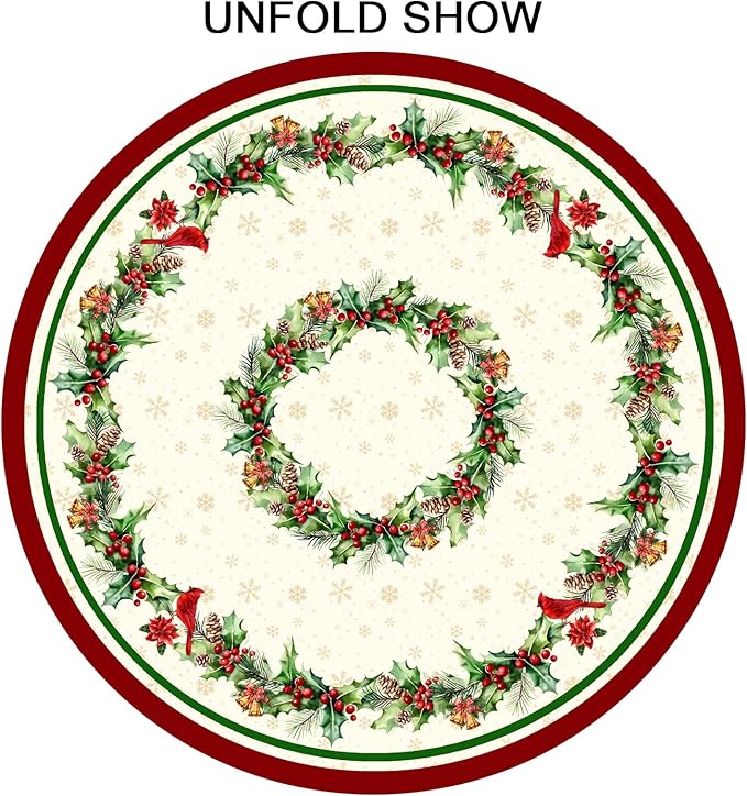 Christmas Holly Tablecloth Round 60 Inch Winter Red Birds Watercolor Leaves Decorative Table Cloth Christmas Holiday Round Table Cover Seasonal for Home Kitchen Dining Party Indoor Outdoor Decor