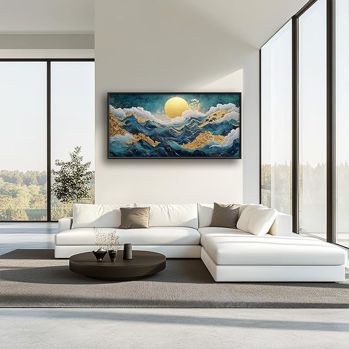 Framed Large Sun Mountain Wall Art, Oversized Teal and Golden Sun Wall Decor for Living Room, Abstract Landscape Canvas Painting Modern Artwork Home Decoration for Living Room Bedroom 60"x30"