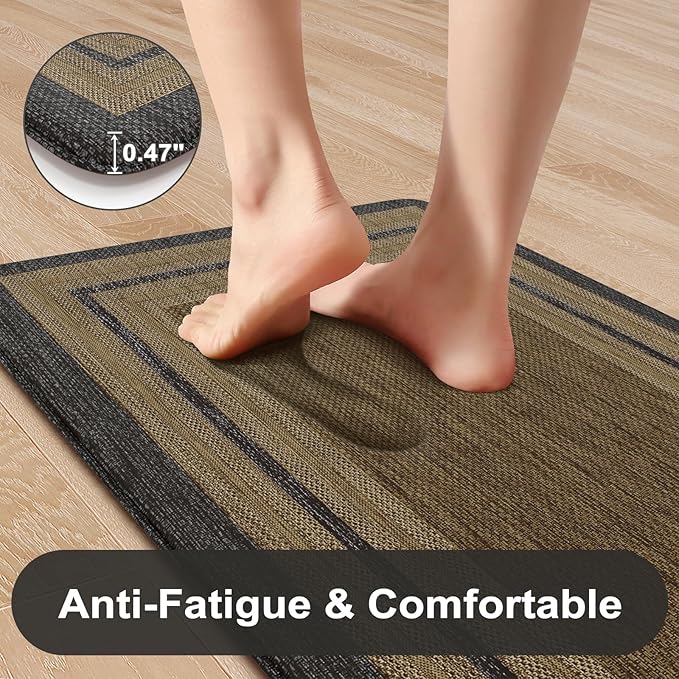 KIMODE Anti Fatigue Kitchen Mats 17"x47"+17"x29", Farmhouse Kitchen Rugs Sets of 2, Non Slip Kitchen Mats for Floor, Cushioned Comfort Standing Mats for Sink Laundry Office Desk Grey/Brown