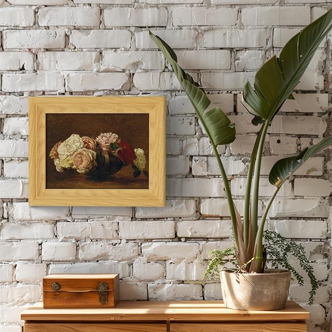 Brivoria Framed Canvas Wall Art Vintage Decor, Antique Floral Still Life Artwork with White Pink and Red Roses and Rustic Autumn Background for Desk Shelf Bedroom Office or Bathroom Display, 8"x10"