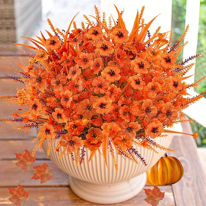 Agusbagli 40 Bunches Artificial Fall Outdoor Flowers Fake Autumn Boxwood Plants UV Resistant Plastic No Fade Faux Fall Flowers Arrangements for Thanksgiving Autumn Weddings Porch Indoor Home Decor