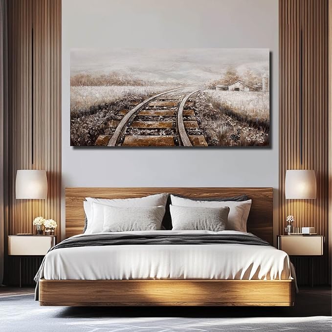 GAIDUOMAI Farmhouse Wall Decor Railway Canvas Painting Countryside Wall Art Mountain Artwork for Bedroom Dining Room 24"x48" hallway decor Grey Picture