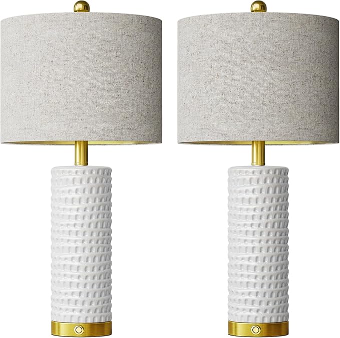 PORTRES 24" Modern Ceramic Table Lamp Set of 2 for Living Room Gold Bedside Lamps with USB A+C Charging Ports for Bedroom Farmhouse Nightstand Lamp 3-Way Dimmable Touch End Table Lamps