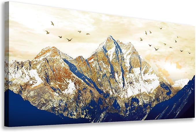 NINEASO Canvas Wall Art - Earth Tone Snow Mountain Sunset Canvas Pictures with Birds Painting Print Artwork for Living Room Bedroom Home Office Decorations 24" x 48"