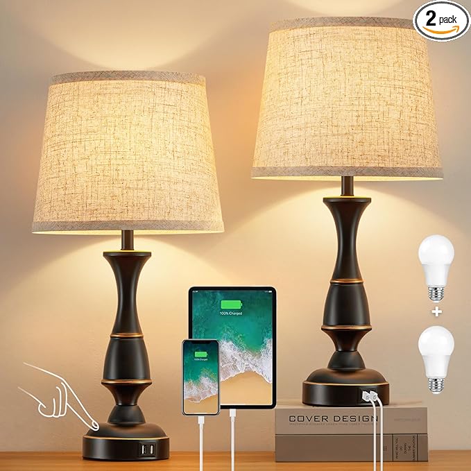 Luvkczc Touch Table Lamps Set of 2, 22" Tall Bedside Lamps with Dual USB A Ports, 3 Way Dimmable Nightstand Lamps for Bedroom, Living Room, Office, Black Lamps with Beige Lampshade, Bulb Included