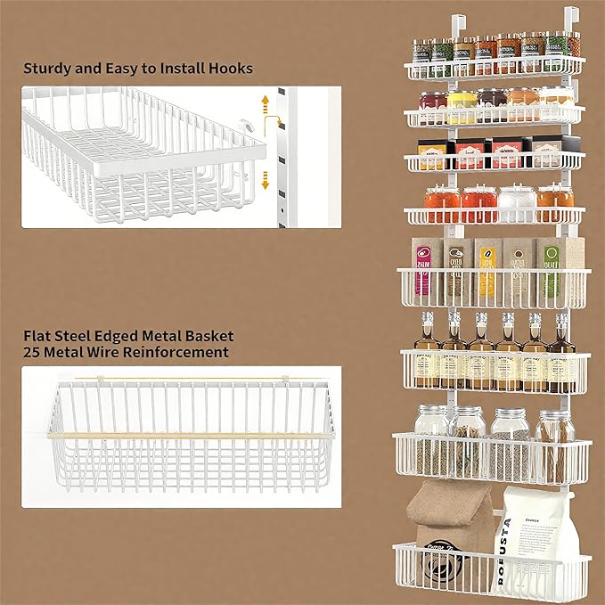 Moforoco White Over The Door Pantry Organizer, Pantry Organization and Storage, Metal Hanging Spice Rack Shelves Door, Seasoning Shelves, Laundry Room Organization, House and Kitchen Essentials