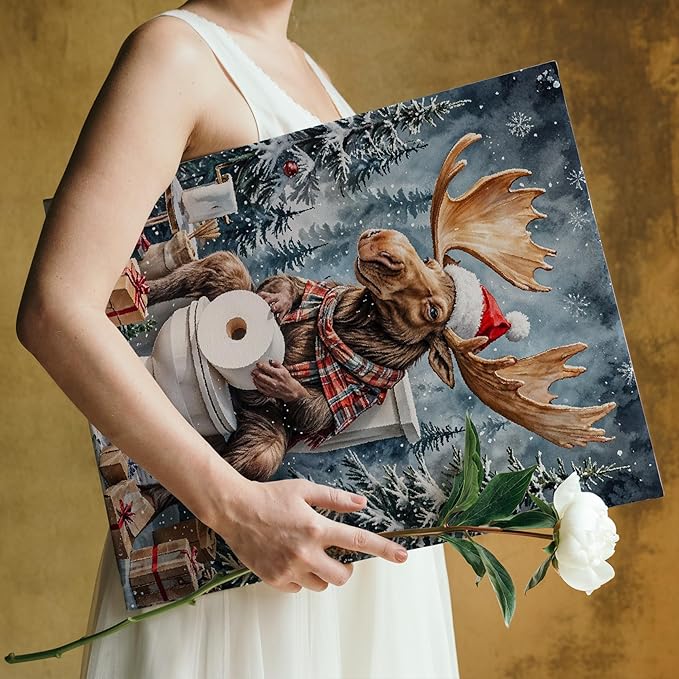 FITIE Funny Christmas Moose Bathroom Canvas Wall Art Poster, Vintage Holiday Winter Christmas Framed Artwork Prints Wall Decor for Bathroom Washroom Restroom Toilet, 11x14 Inch