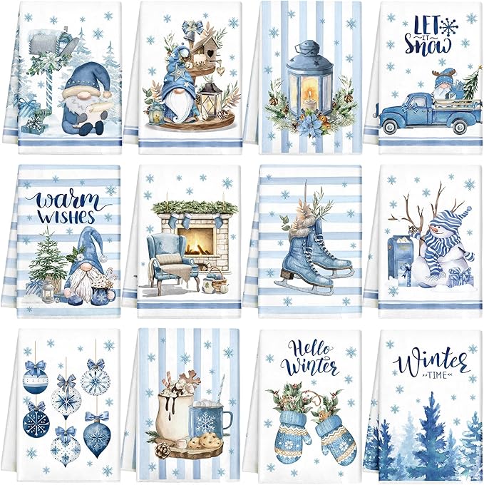 12 Pcs Christmas Kitchen Towels and Dishcloths Absorbent Christmas Tree Reindeer Truck Hand Dish Towels Decoration for Xmas Home Gift Supplies, 14.2 x 21.3 Inch(Novel Style)