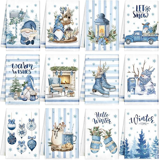 12 Pcs Christmas Kitchen Towels and Dishcloths Absorbent Christmas Tree Reindeer Truck Hand Dish Towels Decoration for Xmas Home Gift Supplies, 14.2 x 21.3 Inch(Novel Style)