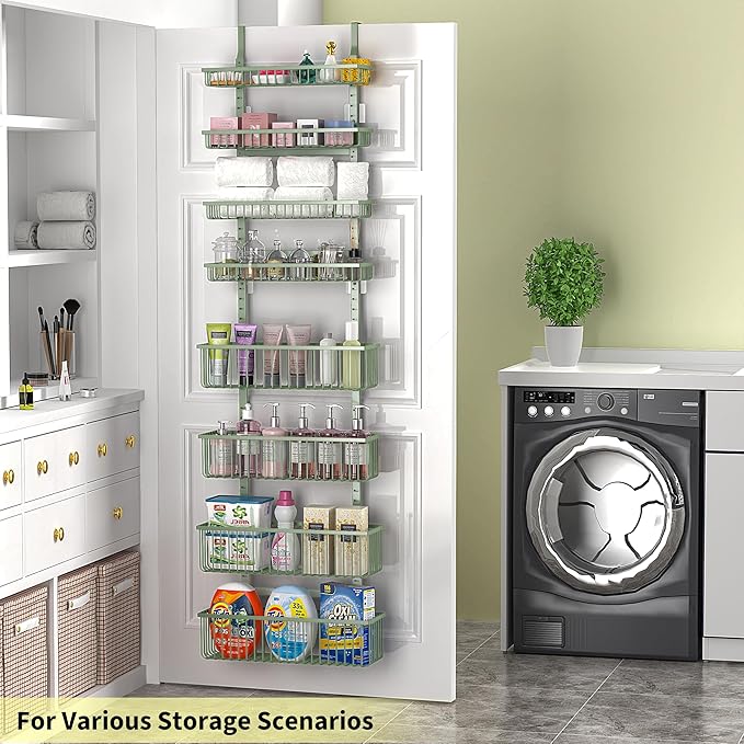 Moforoco Sage Green Over The Door Pantry Organizer, Pantry Door Organizer Shelves, Kitchen Organizers and Storage, Hanging Basket Wall Spice Rack Seasoning Shelves