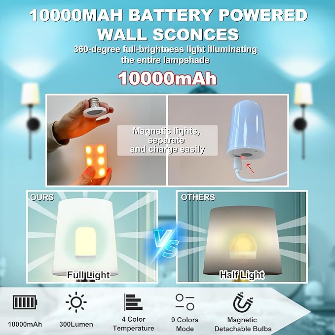 10000mAh Battery Operated Wall Sconces Set of Two, 28 Inches Long Wireless Sconces Set of 2 Wall Light with RGB Rechargeable Magnetic Bulb, Sconces Wall Decor Set of 2 for Bedroom Living Room, Black