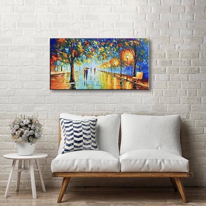 Tyed Art- Contemporary Landscape Art oil painting canvas rainy night street scene hand-painted acrylic frame wall art modern canvas painting living room bedroom office decoration Painting 24x48inch