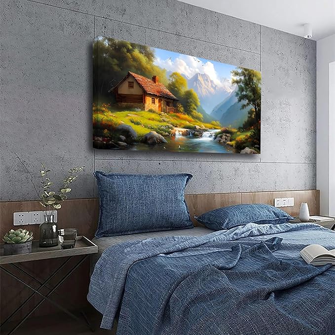 Country House Wall Art Bedroom Landscape Wall Decor Living Room,Oil Painting Green Forest Canvas Wall Art Office Farmhouse Artwork Modern Flowing Water SceneryWall Art Prints Pictures 20 * 40inch