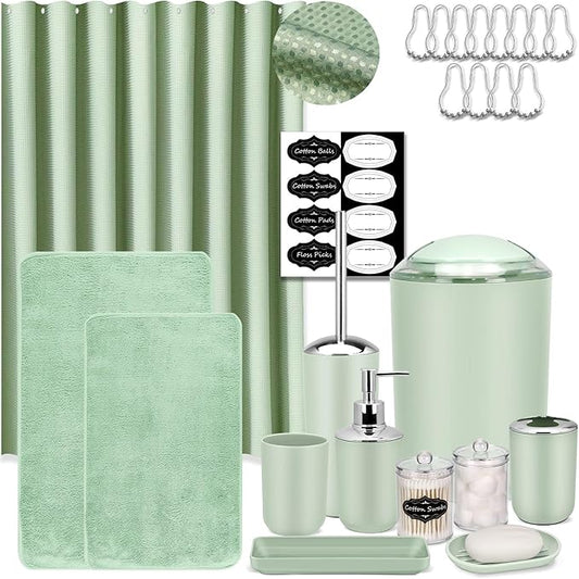 IMAVO Green Bathroom Accessories,Non Slip Super Absorbent Rugs and Waterproof Shower Curtain with Hooks,Complete Bathroom Set for Bathroom Décor