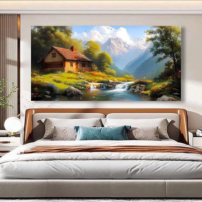 Country House Wall Art Bedroom Landscape Wall Decor Living Room,Oil Painting Green Forest Canvas Wall Art Office Farmhouse Artwork Modern Flowing Water SceneryWall Art Prints Pictures 20 * 40inch