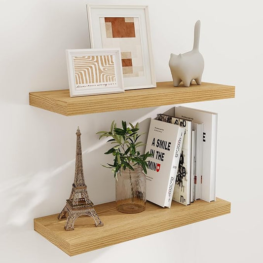 Fun Memories 24 Inch Floating Shelves for Wall, 9.3 Deep Wall Shelves for Home Decor & Storage, 24x9.3x1.5 Large Wooden Shelf with Heavy-Duty Bracket, Deep Shelf for Kitchen, Living Room, Oak Color