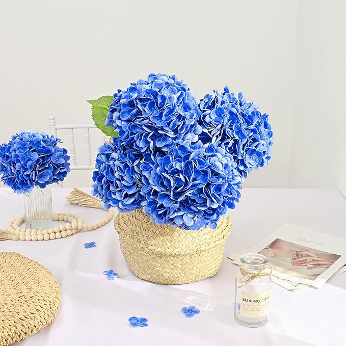 Artflower 4Pcs Real Touch Hydrangea Artificial Flowers, 22.5'' Dark Blue Full Latex Faux Hydrangea Flowers for Home Floral Arrangements Wedding Bouquets Kitchen Table Centerpiece Decorations