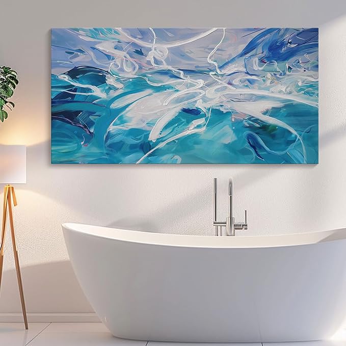 Blue Abstract Wall Art Modern Canvas Wall Paintings White Abstract Art for Living Room Pictures for Bedroom Wall Decor Office Home Decor Framed Artwork for Walls 29×58IN