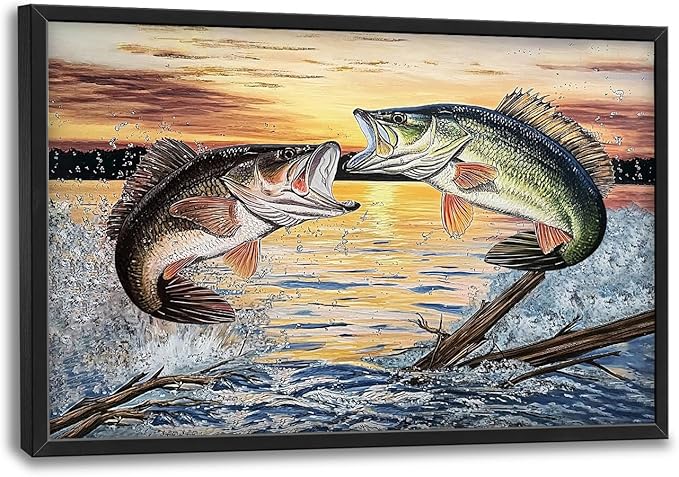 Large Fish Wall Art for Living Room, Framed Bass Fishing Wall Decor, Oversized Rustic Sunset Lake Canvas Painting Fish Pictures Modern Artwork Home Decoration for Living Room Bedroom Office 36"x24"