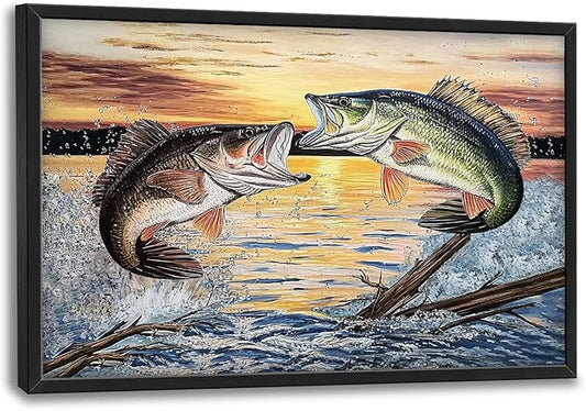 Large Fish Wall Art for Living Room, Framed Bass Fishing Wall Decor, Oversized Rustic Sunset Lake Canvas Painting Fish Pictures Modern Artwork Home Decoration for Living Room Bedroom Office 36"x24"