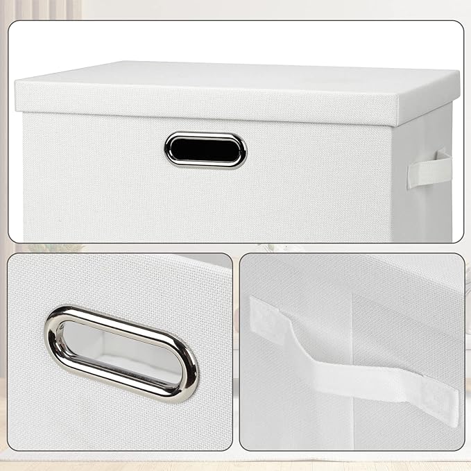 Large 17" 36 Quart Collapsible Stackable Storage Bins with Lids, 3 Packs White Linen Fabric Closet Boxes with Lids, Storage Cube Baskets Container Organizers for Bedroom Office(17 x12 x11)