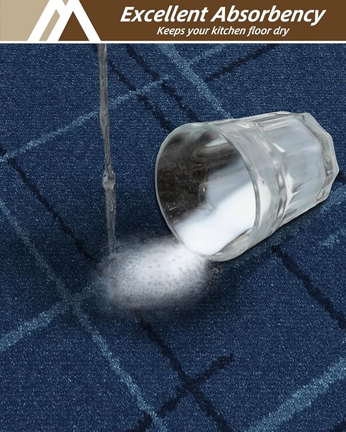 COSY HOMEER Kitchen Mats, 2 PCS Kitchen Rug Non Slip Washable, Absorbent Runner Rugs for Kitchen Floor, Polyester Kitchen Sink Rug 20"x32" + 20"x48"(Blue)