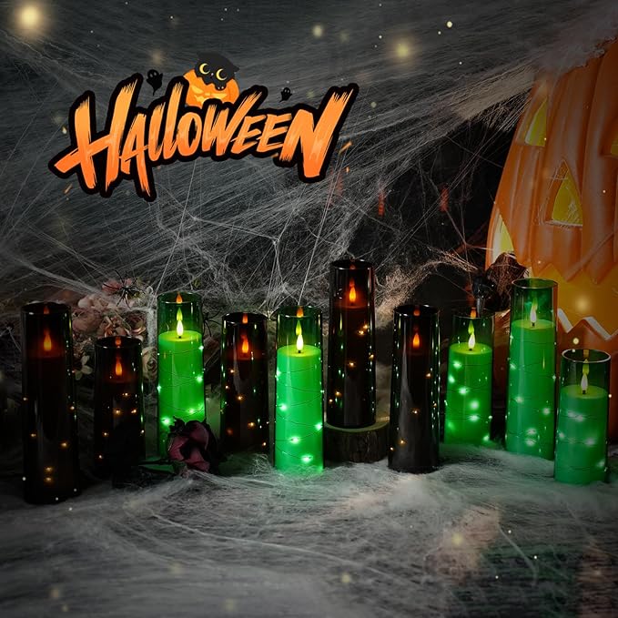 Flameless Candles,with Embedded Star String, Battery Operated Candles Flickering LED Pillar Candles with Remote Control and Timer, Home Decoration Add a Warm and Romantic Atmosphere,Set of 7 (Green)