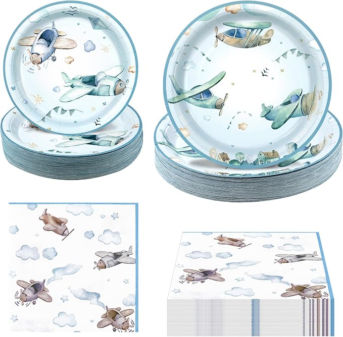 180Pcs Airplane Baby Shower Party Supplies Paper Plates and Napkins Serve 60 Disposable Tableware Set for Birthday Party Decorations Game Day Family School Holiday Sports Events