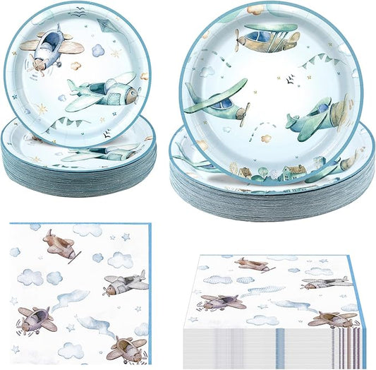 180Pcs Airplane Baby Shower Party Supplies Paper Plates and Napkins Serve 60 Disposable Tableware Set for Birthday Party Decorations Game Day Family School Holiday Sports Events